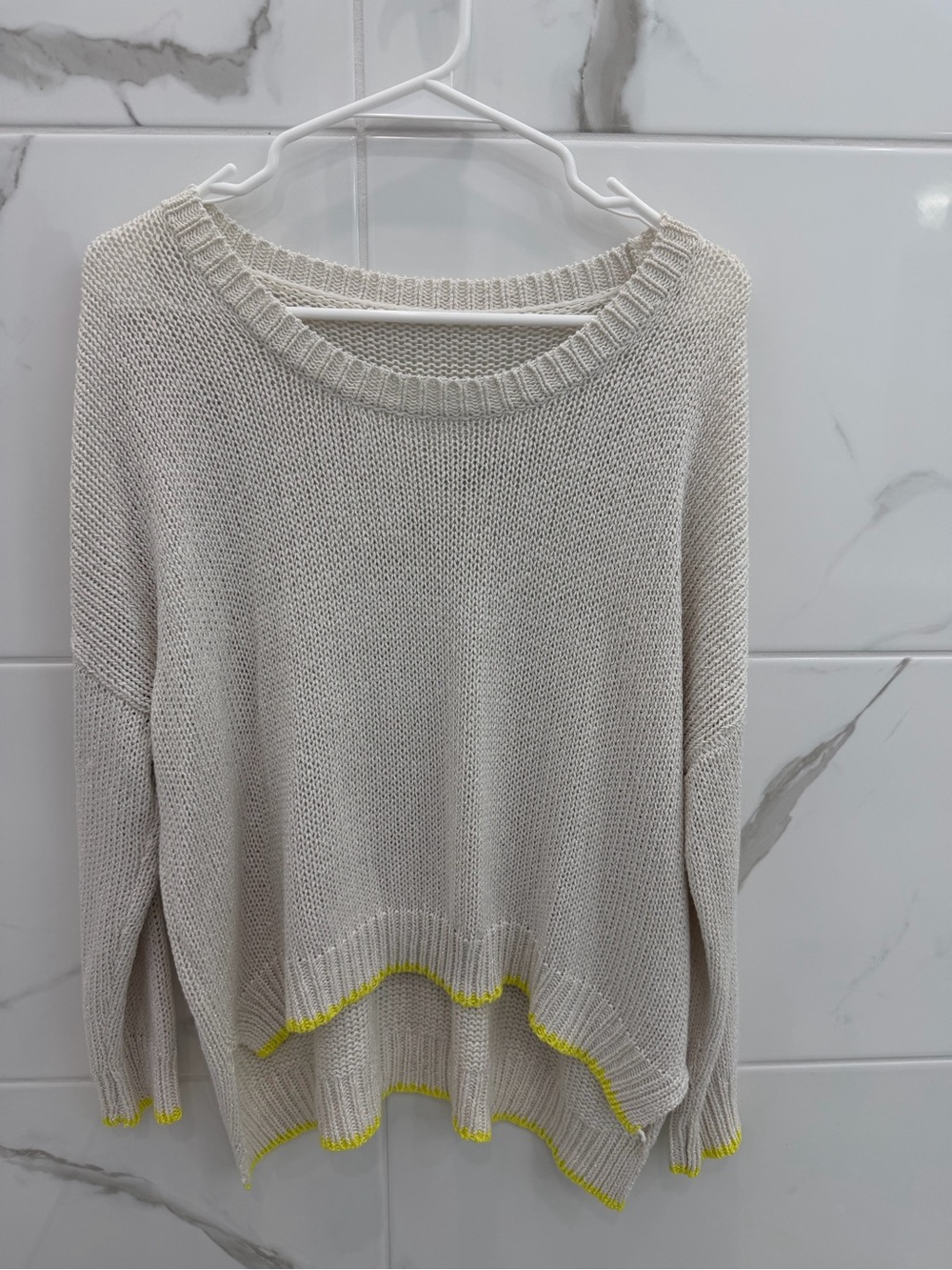 Light Cream Knit Women's Sweater with Yellow Trim oversized fit